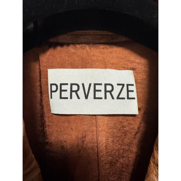 Perverze Jacket Womens Medium Brown Faux Leather Long Coat Button Up Retro Look - Picture 3 of 16